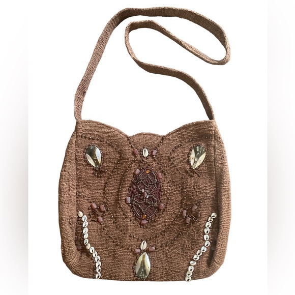 Boho Woven Cotton Crossbody Shoulder Bag with Beading and Shell Detail - Picture 1 of 10